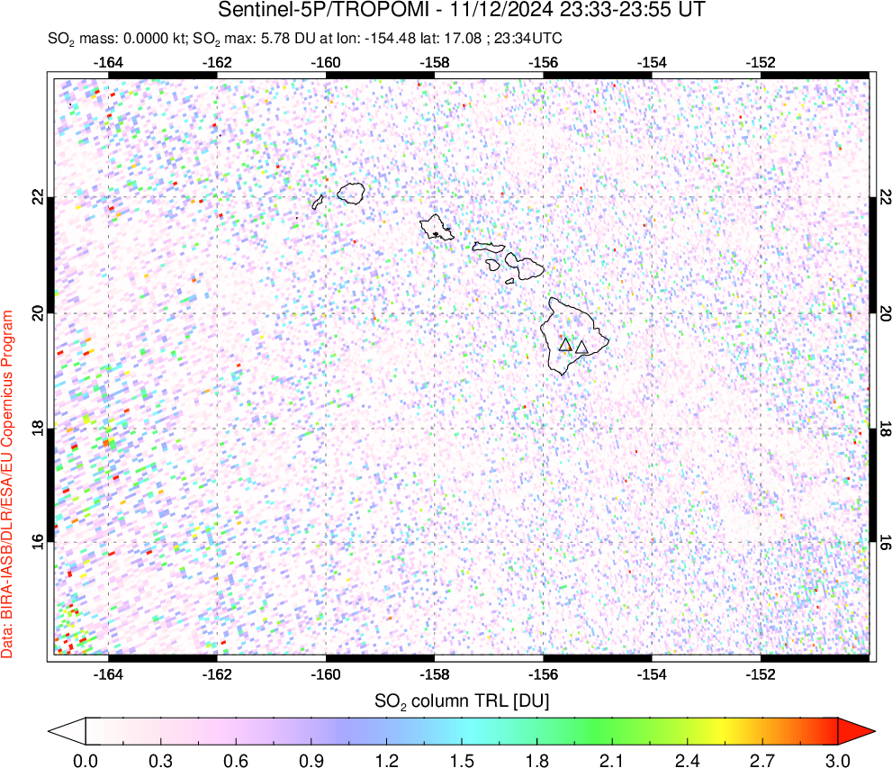 A sulfur dioxide image over Hawaii, USA on Nov 12, 2024.