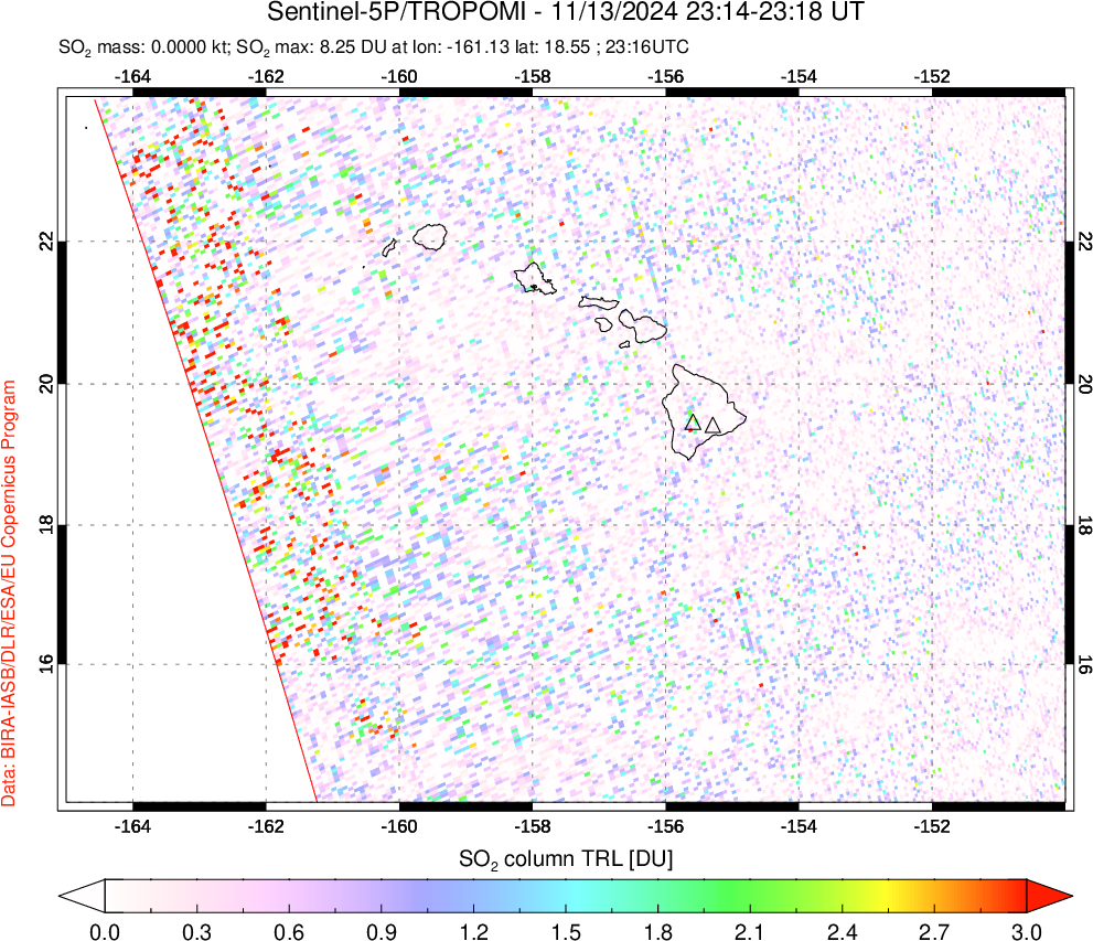 A sulfur dioxide image over Hawaii, USA on Nov 13, 2024.