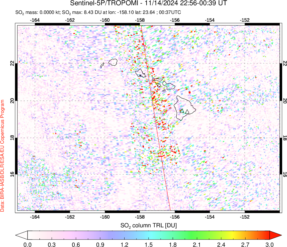 A sulfur dioxide image over Hawaii, USA on Nov 14, 2024.