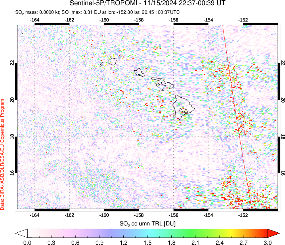 A sulfur dioxide image over Hawaii, USA on Nov 15, 2024.