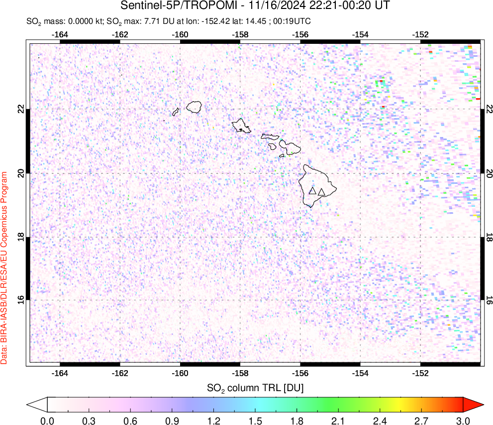 A sulfur dioxide image over Hawaii, USA on Nov 16, 2024.