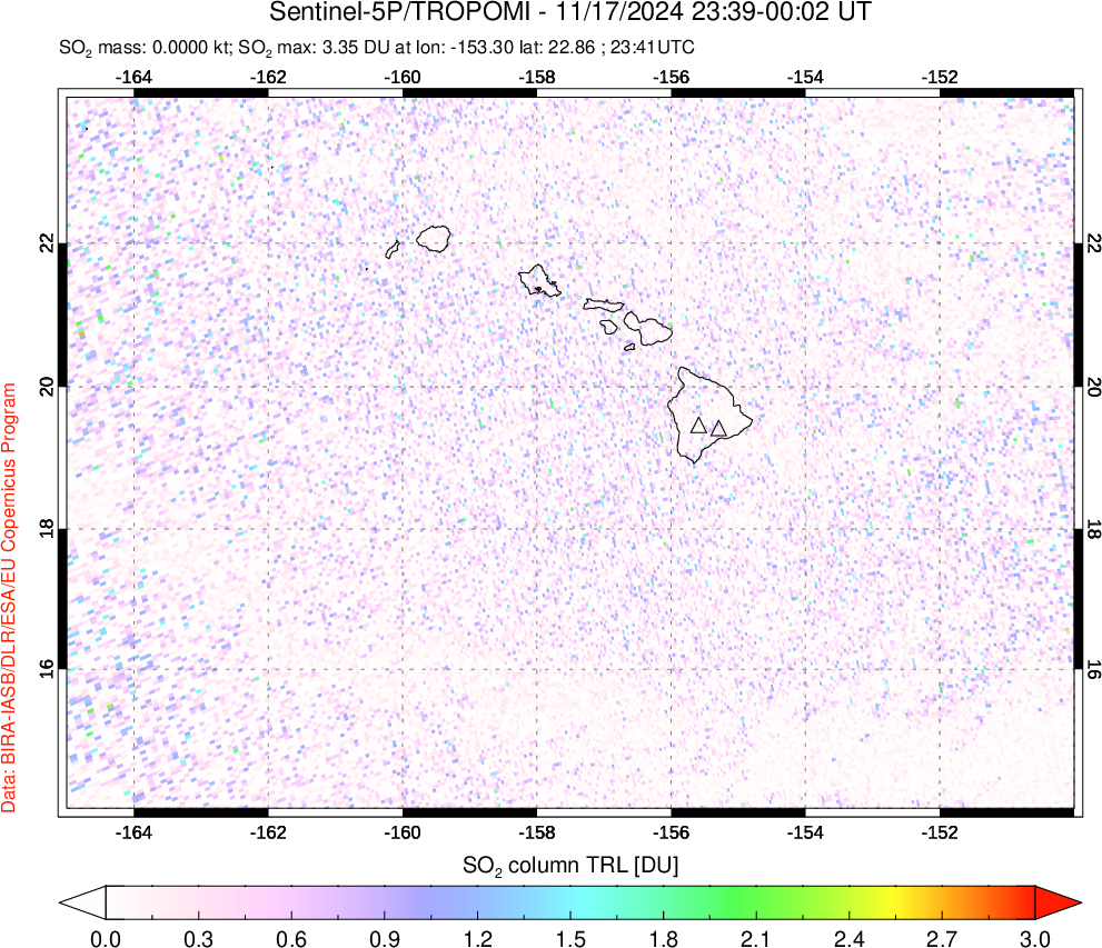 A sulfur dioxide image over Hawaii, USA on Nov 17, 2024.