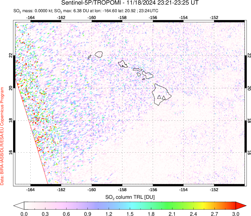 A sulfur dioxide image over Hawaii, USA on Nov 18, 2024.