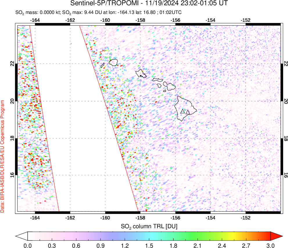 A sulfur dioxide image over Hawaii, USA on Nov 19, 2024.