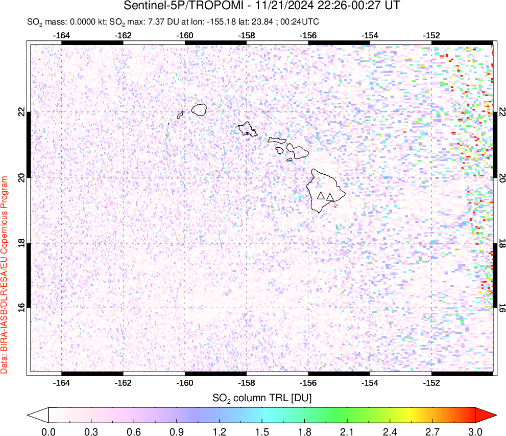 A sulfur dioxide image over Hawaii, USA on Nov 21, 2024.