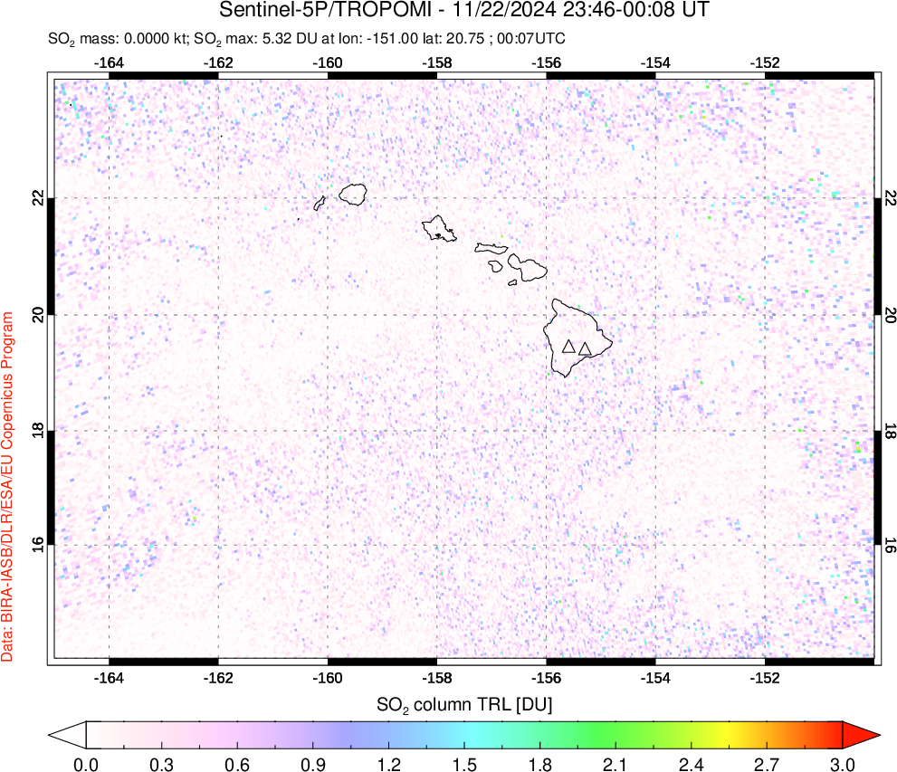 A sulfur dioxide image over Hawaii, USA on Nov 22, 2024.