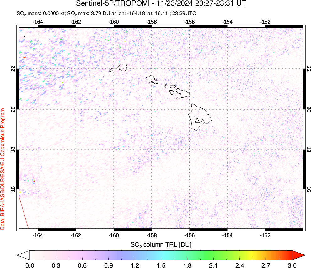 A sulfur dioxide image over Hawaii, USA on Nov 23, 2024.