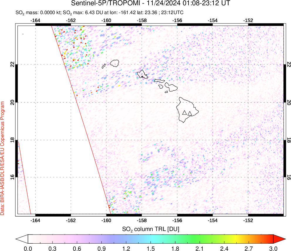 A sulfur dioxide image over Hawaii, USA on Nov 24, 2024.