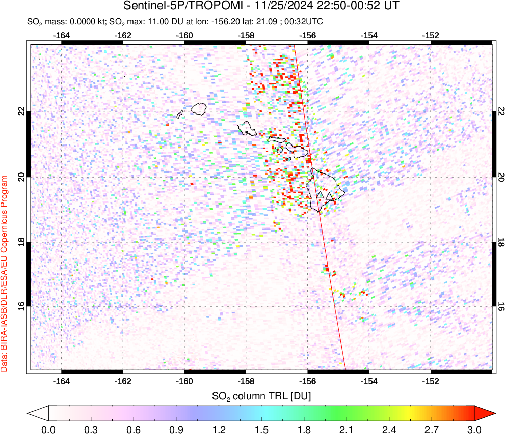 A sulfur dioxide image over Hawaii, USA on Nov 25, 2024.