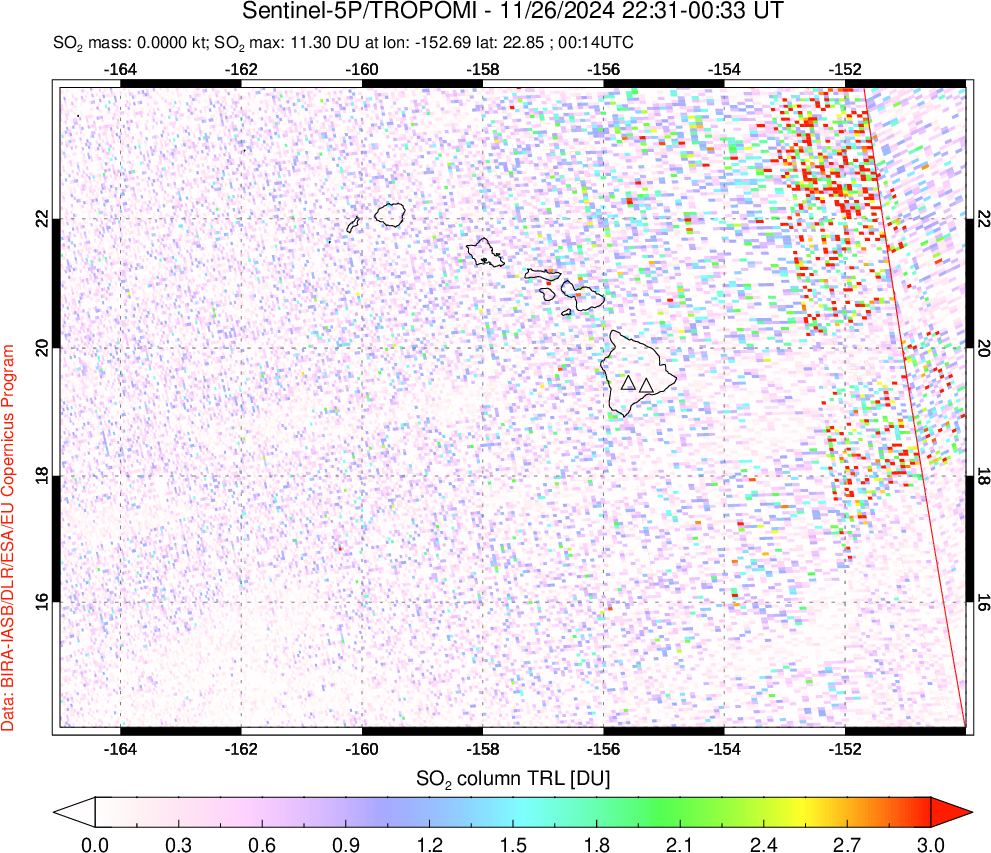 A sulfur dioxide image over Hawaii, USA on Nov 26, 2024.