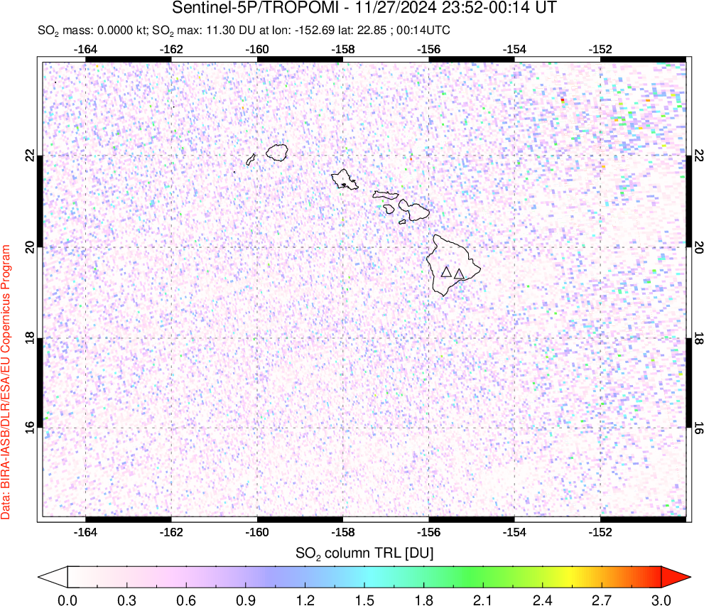 A sulfur dioxide image over Hawaii, USA on Nov 27, 2024.