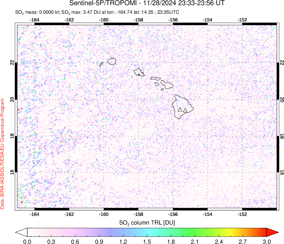 A sulfur dioxide image over Hawaii, USA on Nov 28, 2024.