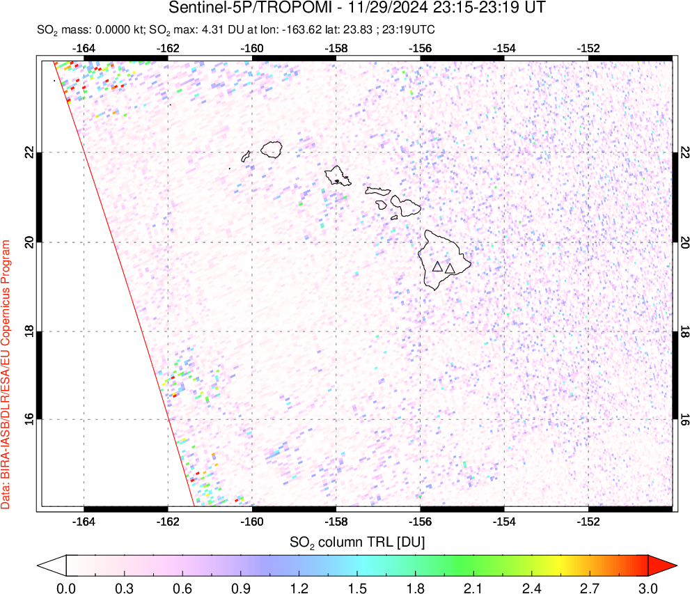 A sulfur dioxide image over Hawaii, USA on Nov 29, 2024.