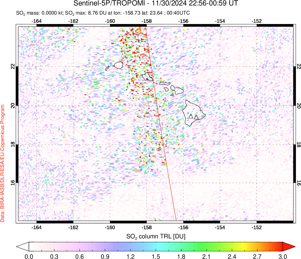 A sulfur dioxide image over Hawaii, USA on Nov 30, 2024.