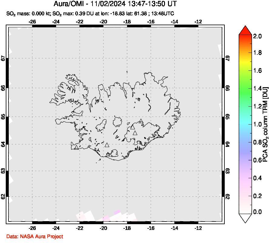 A sulfur dioxide image over Iceland on Nov 02, 2024.