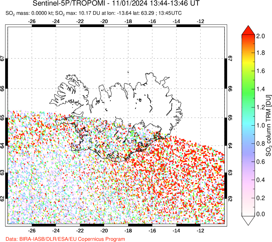 A sulfur dioxide image over Iceland on Nov 01, 2024.