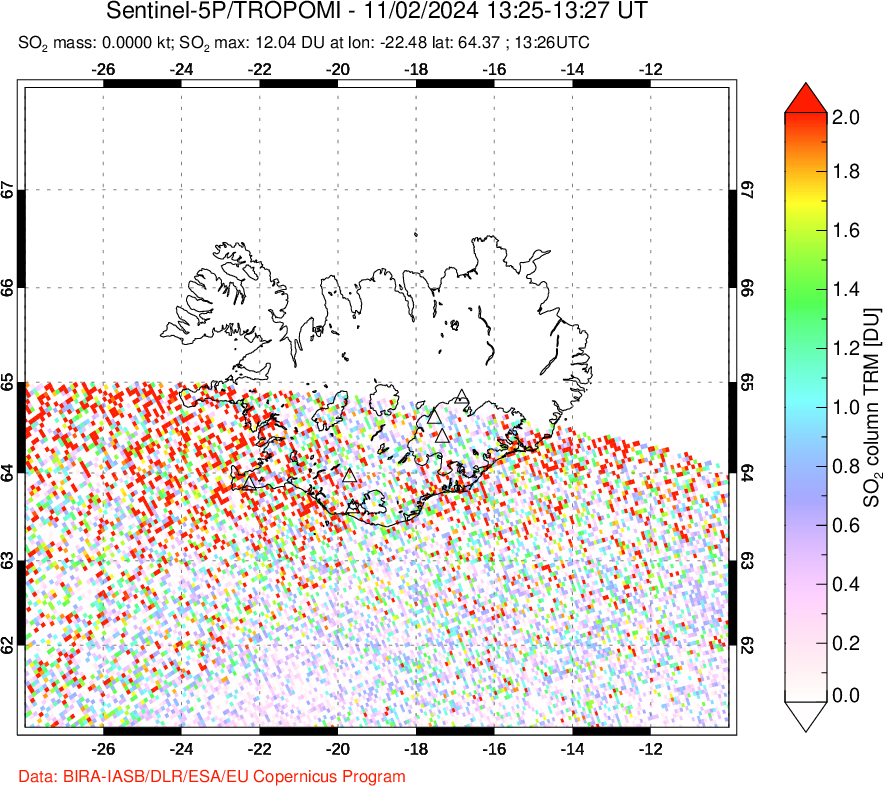 A sulfur dioxide image over Iceland on Nov 02, 2024.