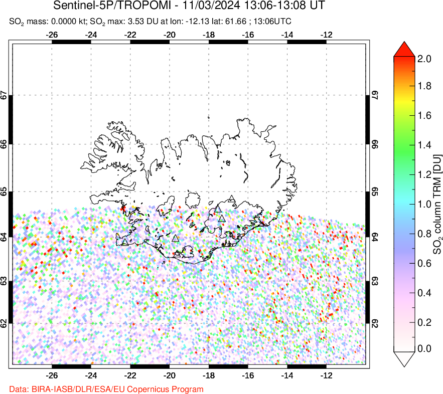 A sulfur dioxide image over Iceland on Nov 03, 2024.