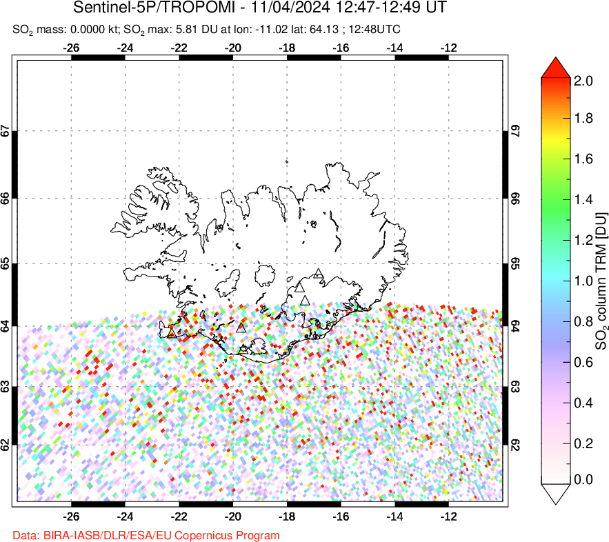 A sulfur dioxide image over Iceland on Nov 04, 2024.