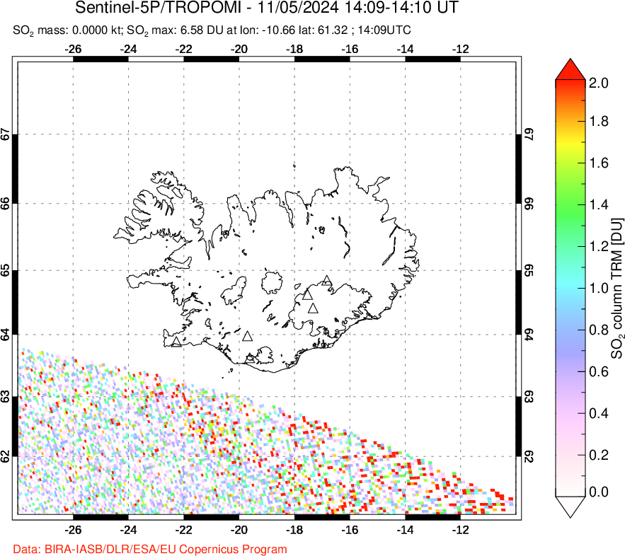 A sulfur dioxide image over Iceland on Nov 05, 2024.