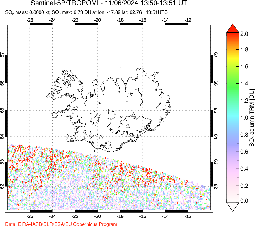 A sulfur dioxide image over Iceland on Nov 06, 2024.