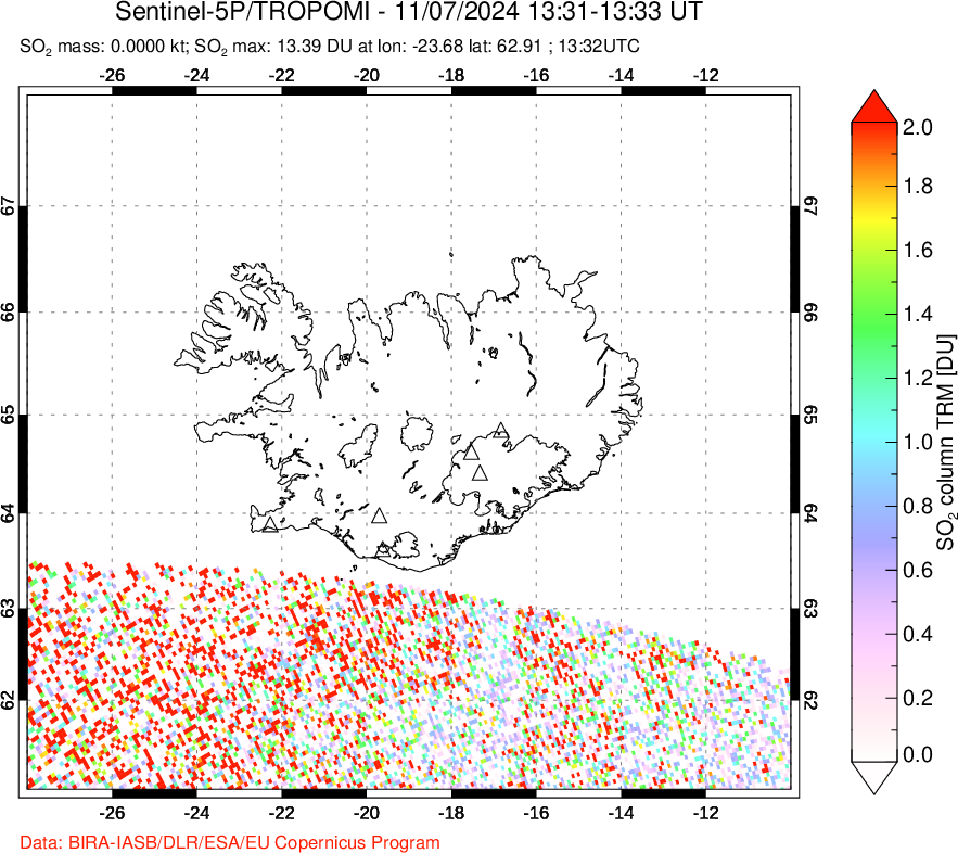 A sulfur dioxide image over Iceland on Nov 07, 2024.