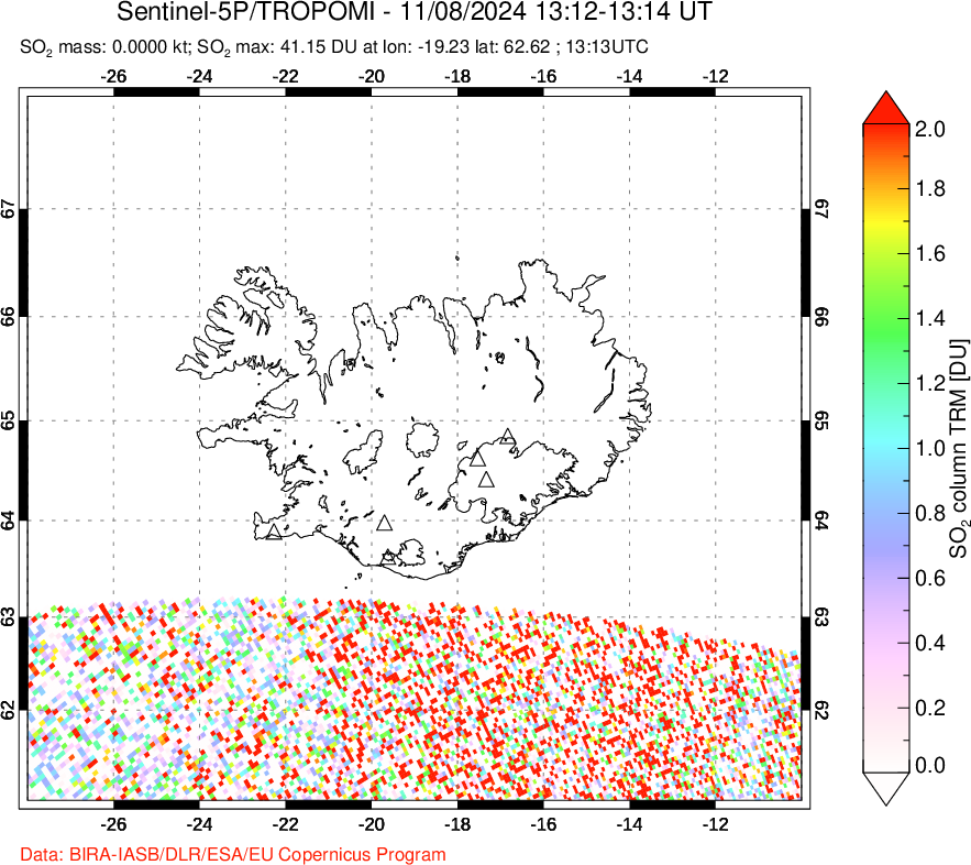 A sulfur dioxide image over Iceland on Nov 08, 2024.