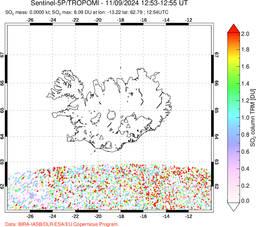 A sulfur dioxide image over Iceland on Nov 09, 2024.