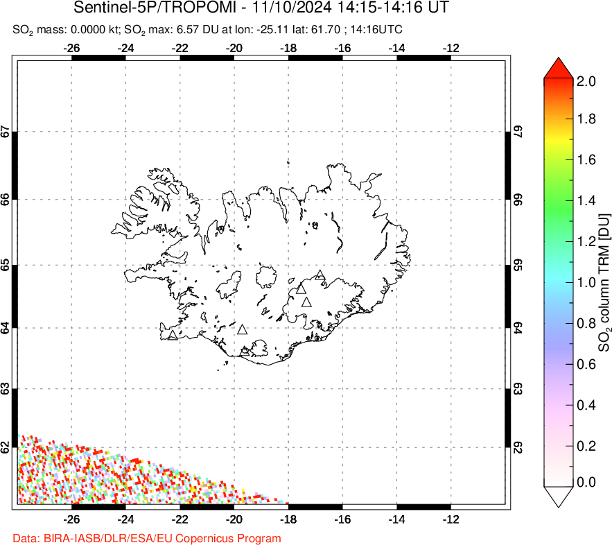 A sulfur dioxide image over Iceland on Nov 10, 2024.