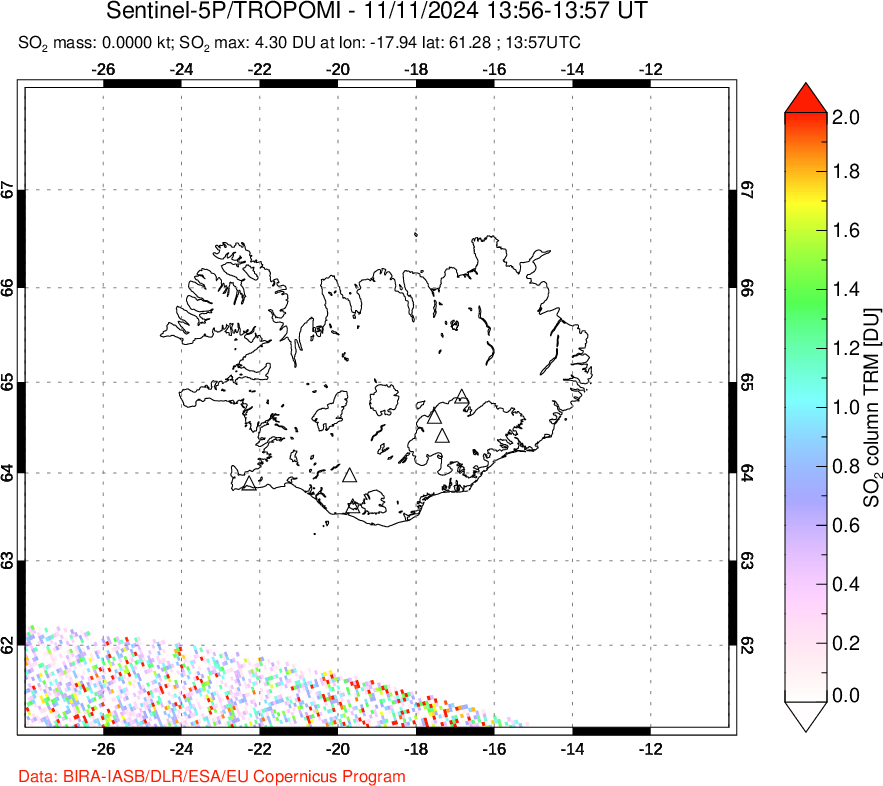 A sulfur dioxide image over Iceland on Nov 11, 2024.