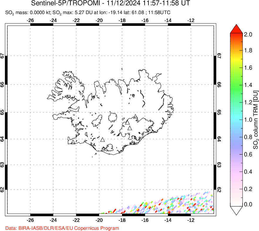 A sulfur dioxide image over Iceland on Nov 12, 2024.