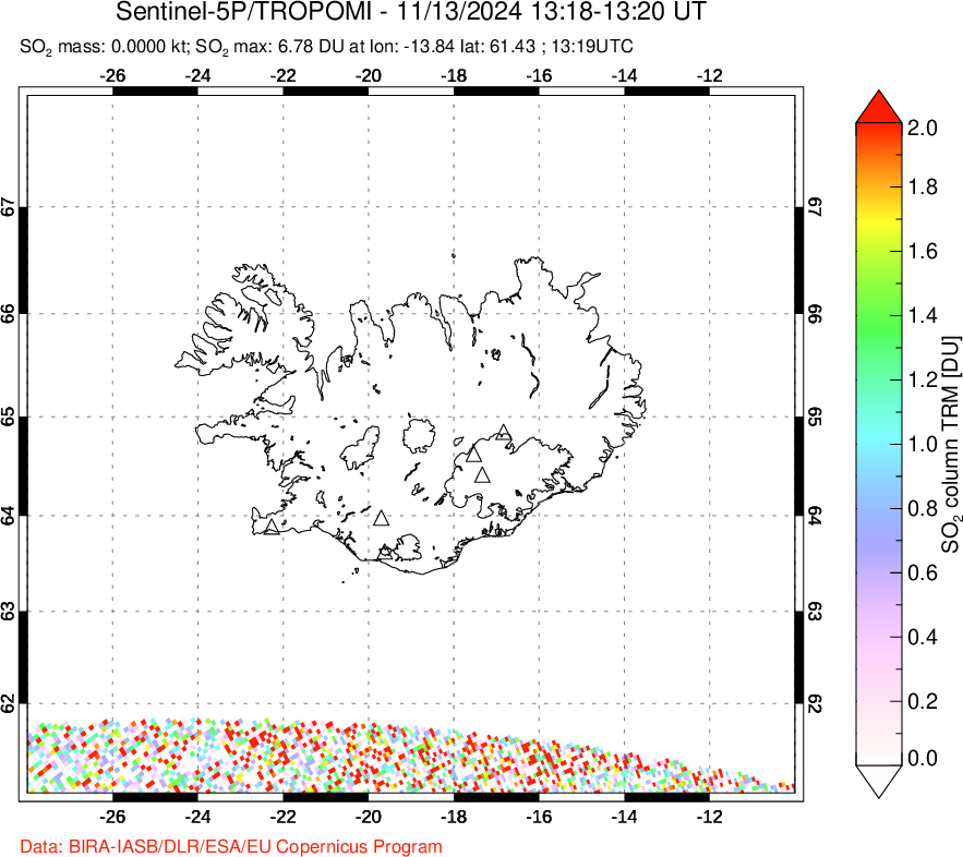 A sulfur dioxide image over Iceland on Nov 13, 2024.