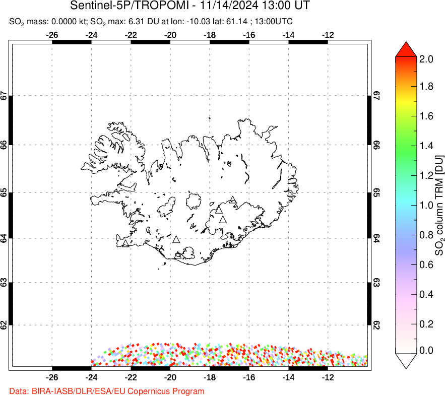 A sulfur dioxide image over Iceland on Nov 14, 2024.