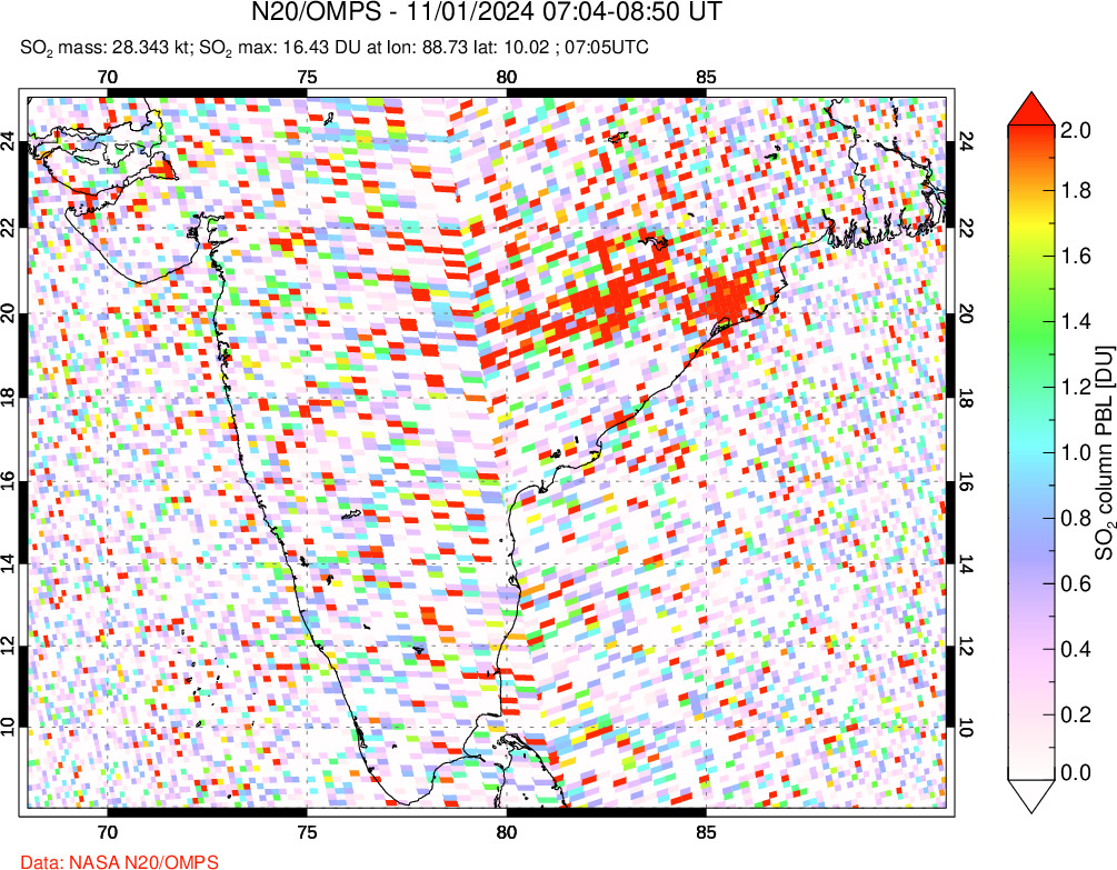 A sulfur dioxide image over India on Nov 01, 2024.