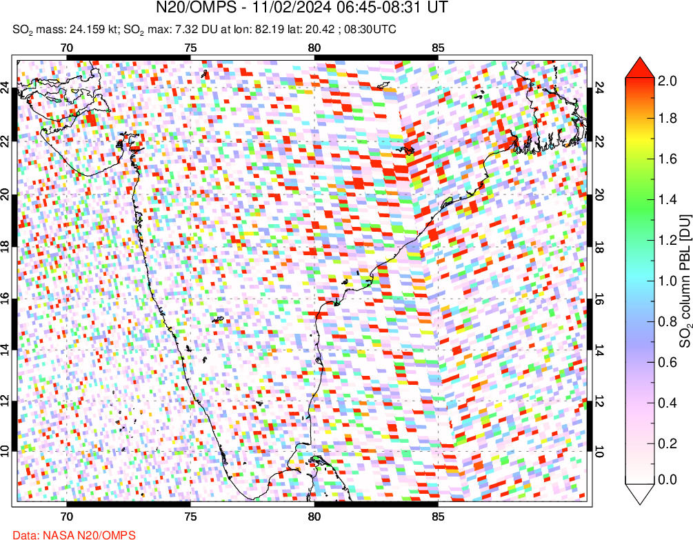 A sulfur dioxide image over India on Nov 02, 2024.