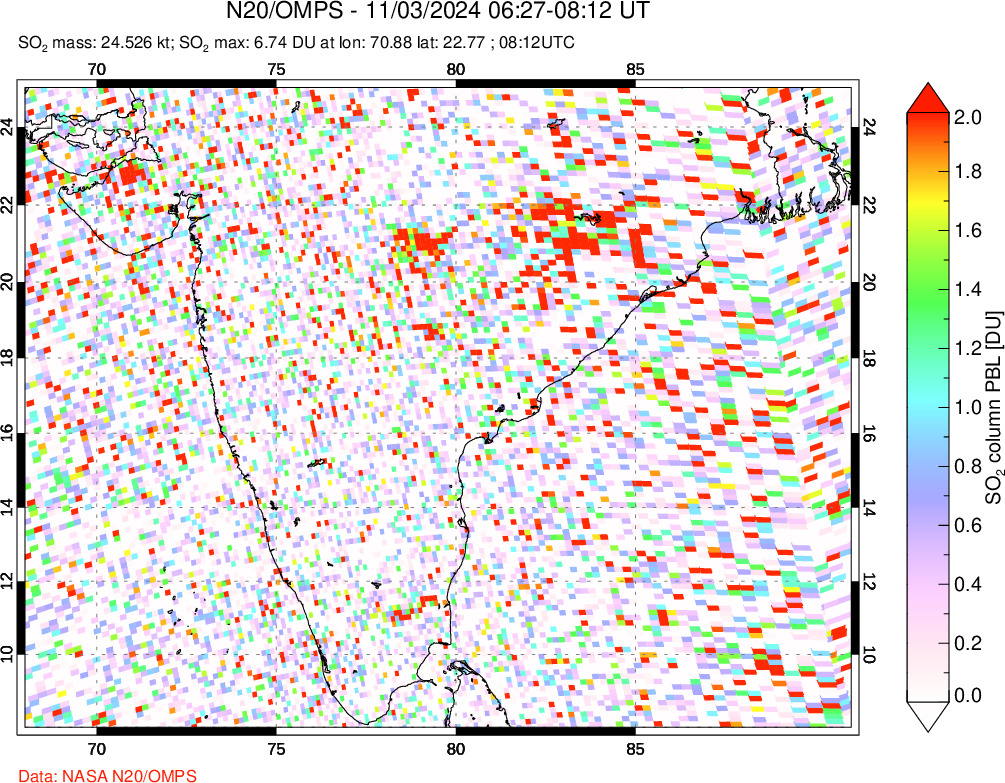 A sulfur dioxide image over India on Nov 03, 2024.