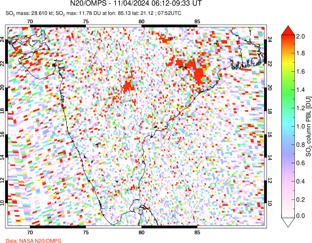 A sulfur dioxide image over India on Nov 04, 2024.