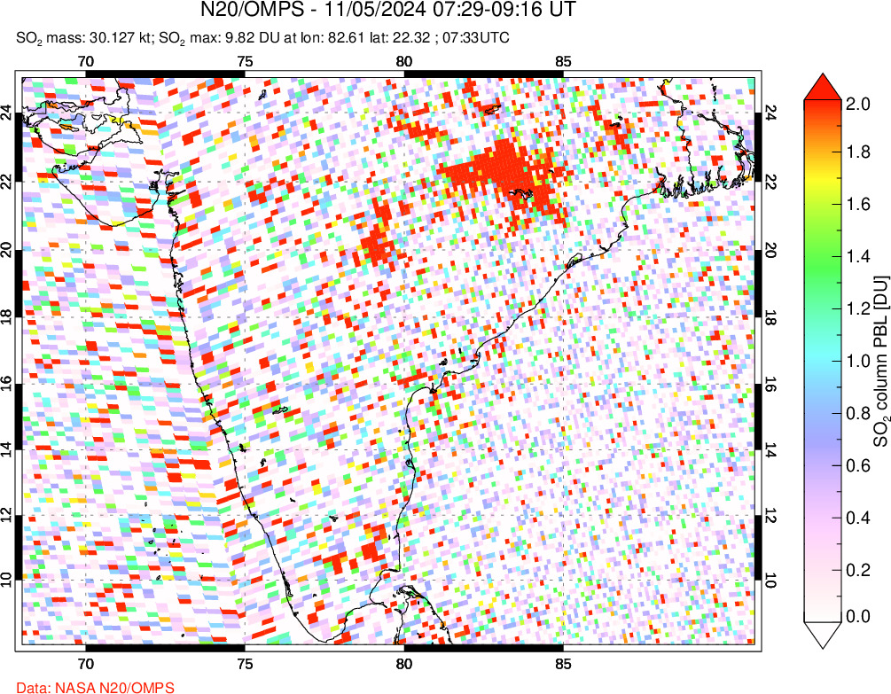 A sulfur dioxide image over India on Nov 05, 2024.