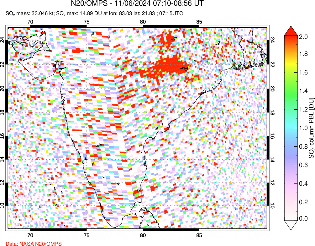 A sulfur dioxide image over India on Nov 06, 2024.