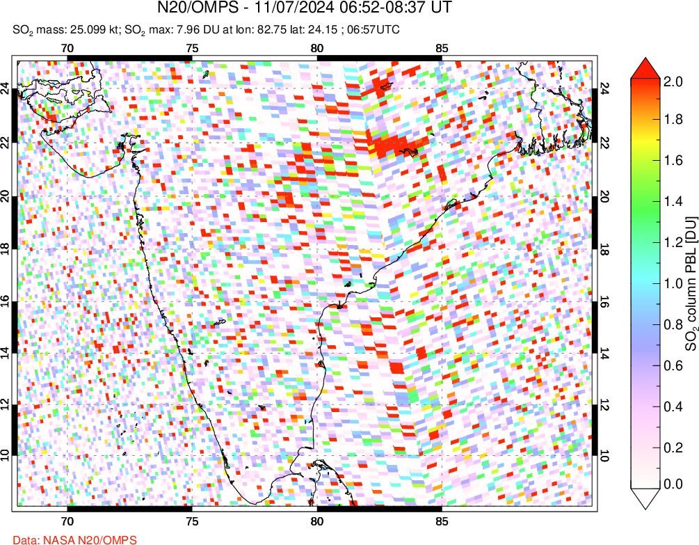 A sulfur dioxide image over India on Nov 07, 2024.