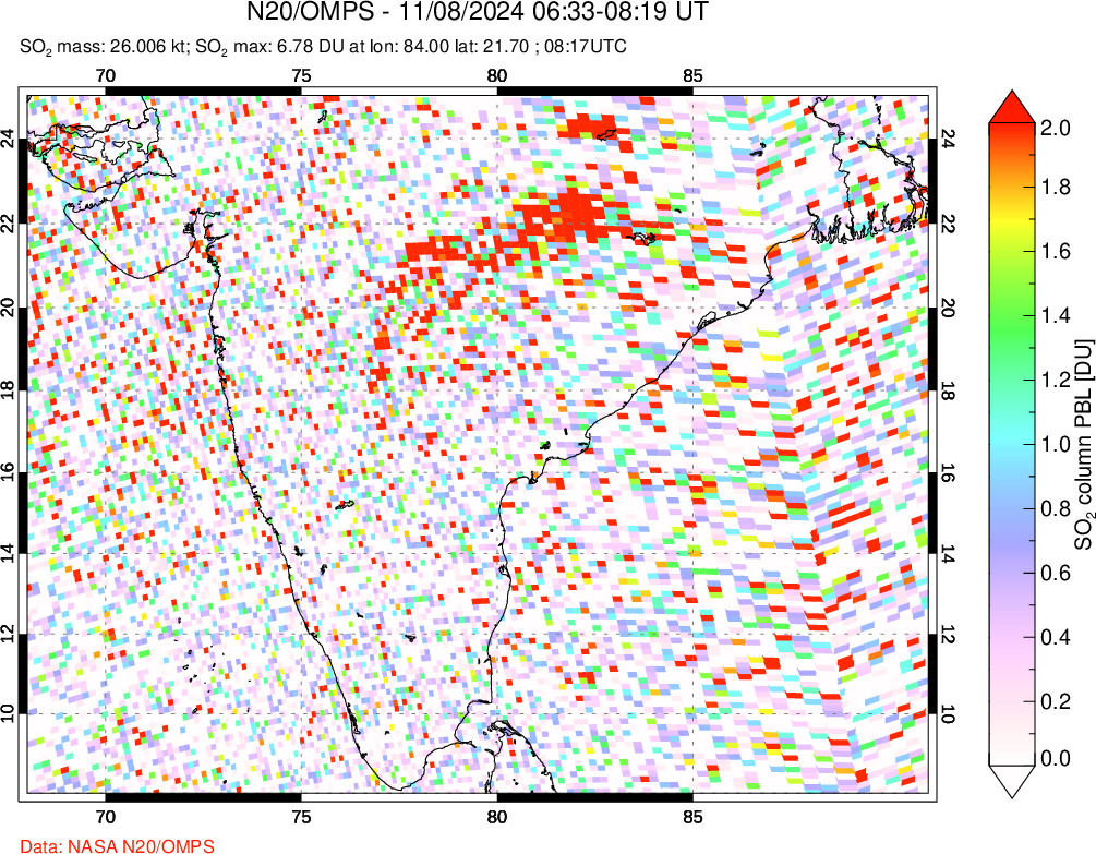 A sulfur dioxide image over India on Nov 08, 2024.