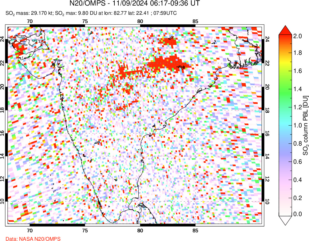 A sulfur dioxide image over India on Nov 09, 2024.