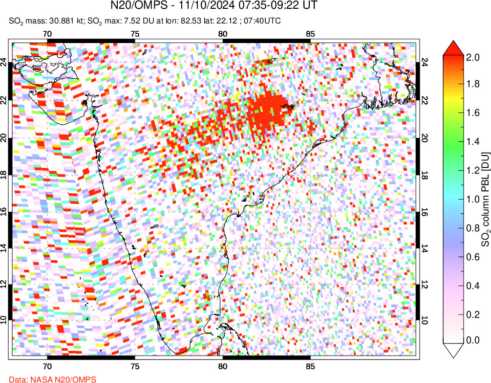 A sulfur dioxide image over India on Nov 10, 2024.