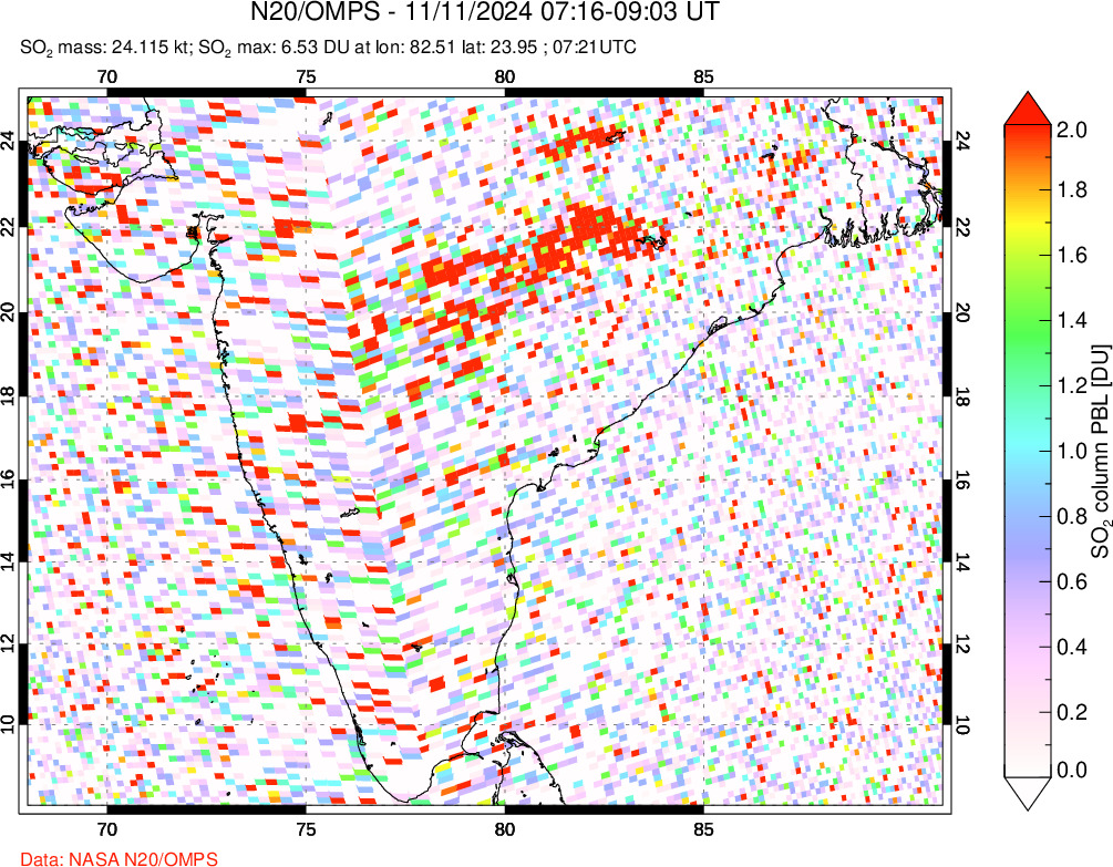 A sulfur dioxide image over India on Nov 11, 2024.