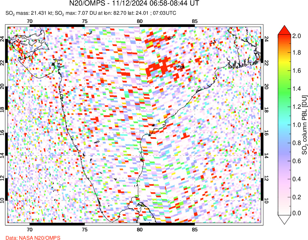 A sulfur dioxide image over India on Nov 12, 2024.