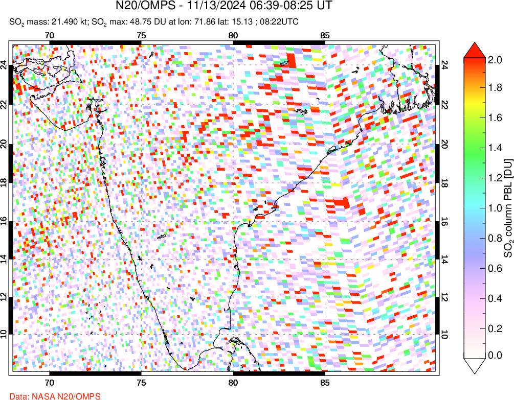 A sulfur dioxide image over India on Nov 13, 2024.