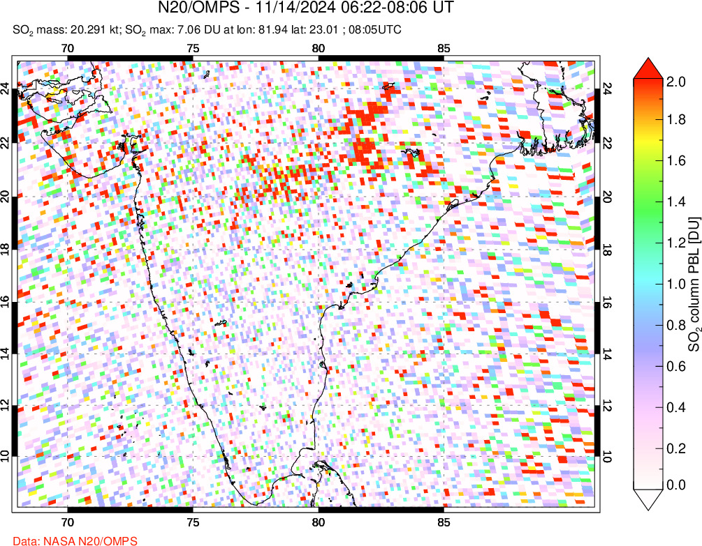 A sulfur dioxide image over India on Nov 14, 2024.