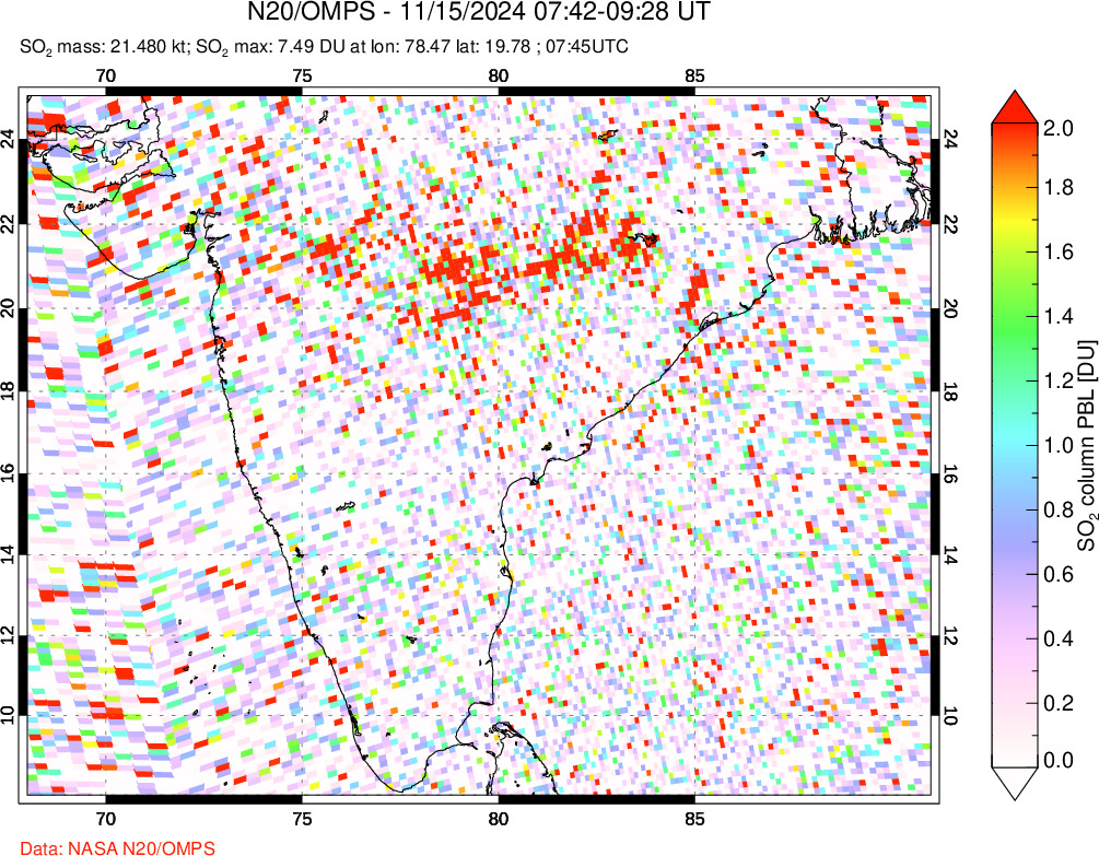 A sulfur dioxide image over India on Nov 15, 2024.