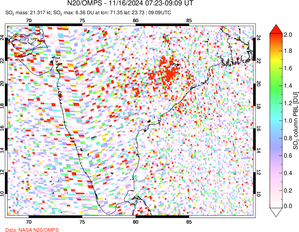 A sulfur dioxide image over India on Nov 16, 2024.