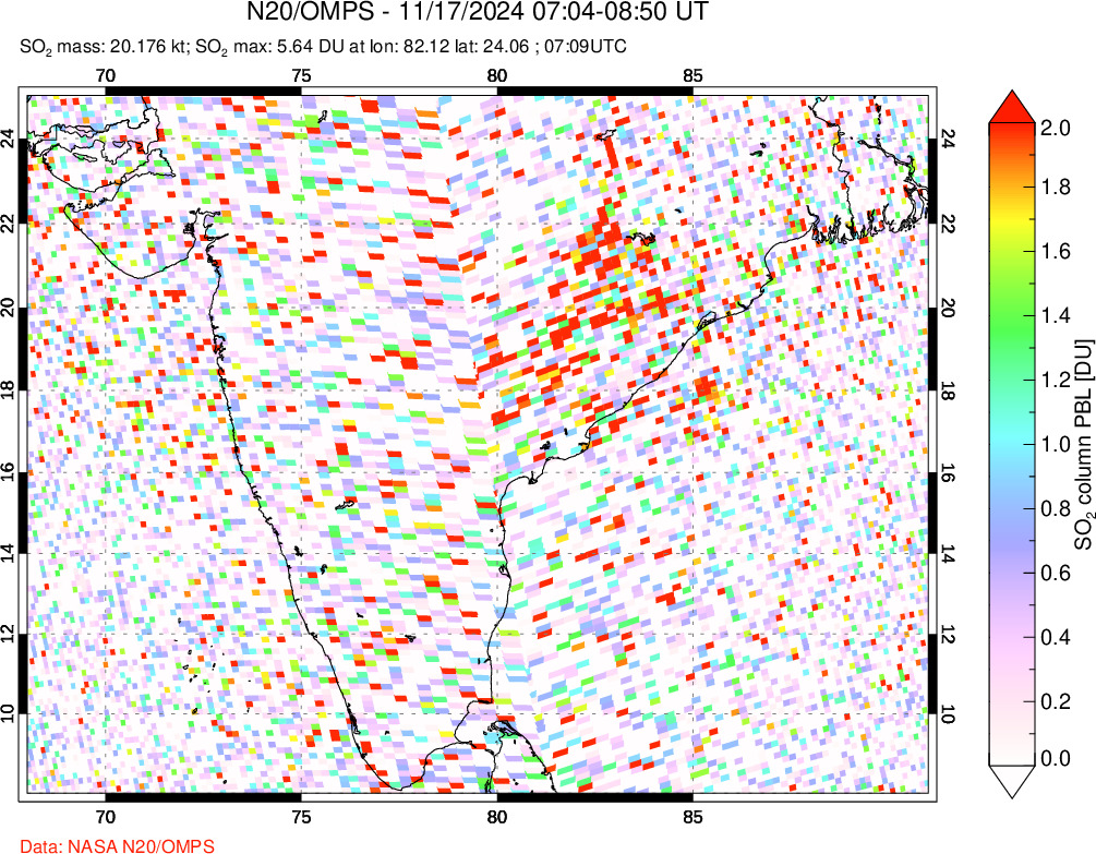 A sulfur dioxide image over India on Nov 17, 2024.